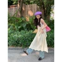 ราคา Sleeveless Crew Neck Plain Back Slit Crochet Knit Long Top Almond - One Size (1120964586)