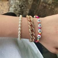 ราคา Set of 3: Faux Pearl / Lettering Bead / Rhinestone Chunky Alloy Bracelet 2512 - Gold - One Size (1125424230)