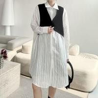 ราคา Long-Sleeve Mock Two-Piece Two Tone Button-Up Tunic Dress Black & White - One Size (1127491953)