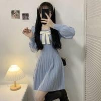 ราคา Long-Sleeve Bow Accent Knit Mini A-Line Dress Blue - One Size (1107708975)