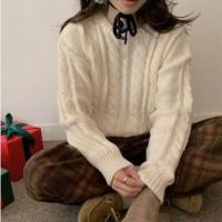 ราคา Long-Sleeve Crew Neck Plain Cable Knit Sweater Off-White - One Size (1126945671)