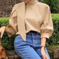 ราคา Elbow-Sleeve Stand Collar Plain Blouse Khaki - One Size (1125827876)