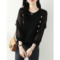 ราคา 3/4-Sleeve Round Neck Plain Button Panel Knit Top Black - One Size (1123329986)