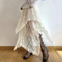ราคา Set: Long-Sleeve Plain Distressed Knit Top + High Waist Midi A-Line Layered Lace Skirt Nude - One Size (1127703312)