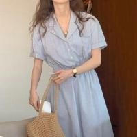 ราคา Short-Sleeve Striped Button-Up Midi Shirtdress Stripes - Blue - One Size (1127962293)