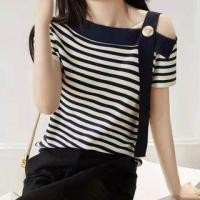 ราคา Short-Sleeve Striped Cold-Shoulder Blouse Stripe - Black & White - One Size (1102082104)