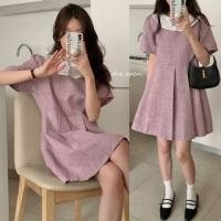 ราคา Short-Sleeve Collared A-Line Dress Purple - One Size (1114349813)