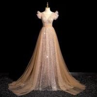 ราคา Cap-Sleeve Sequin Mesh Panel A-Line Evening Gown (1128641394)