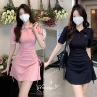 ราคา Short-Sleeve Plain Drawstring Mini A-Line Polo Dress (1122856923)