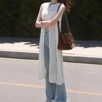 ราคา Sleeveless Round Neck Plain Slit Pointelle Knit Long Top (1128660641)