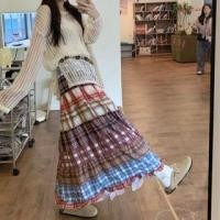 ราคา Long-Sleeve Round Neck Plain Knit Top / High Rise Plaid Tiered Maxi A-Line Skirt (1128668729)