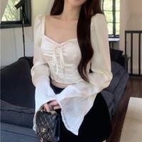 ราคา Long-Sleeve V-Neck Plain Bow Accent Satin Slim Fit Crop Blouse (1128686905)