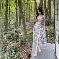 ราคา Spaghetti Strap V-Neck Floral Print Ruffle Midi A-Line Wrap Dress (1128068472)