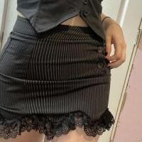 ราคา Low Rise Striped Lace Trim Buttoned Mini Pencil Skirt (1128203070)