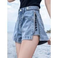 ราคา High Waist Lettering Print Washed Zip Slit Denim Shorts (1128210146)