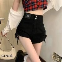ราคา High Waist Lettering Applique Drawstring Denim Shorts (1128215573)