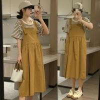 ราคา Maternity Set: Short-Sleeve Round Neck Striped T-Shirt + Plain Midi A-Line Pinafore Dress (1128728841)