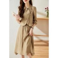 ราคา Set: Long-Sleeve Frog Buttoned Plain Blouse + High Rise Midi A-Line Skirt (1124764312)
