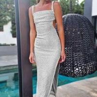 ราคา Sleeveless Square Neck Plain Sequin Slit Tie Back Maxi Sheath Cocktail Dress (1125241522)