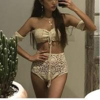 ราคา Set: Short-Sleeve Off Shoulder Plain Crochet Knit Bikini Top + High Waist Bottom (1127744221)