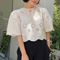 ราคา Short-Sleeve Crew Neck Plain Eyelet Embroidered Cropped Blouse White - One Size (1128402520)