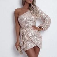 ราคา Puff-Sleeve One-Shoulder Glitter Asymmetrical Mini Sheath Cocktail Dress (1128419807)