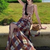 ราคา Sleeveless Crew Neck Patterned Crop Top / Mid Rise Plaid Wide Leg Pants (1128438330)
