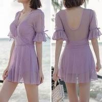 ราคา Elbow-Sleeve Halter V-Neck Plain Sheer Swim Dress (1127878233)