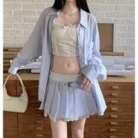 ราคา Spaghetti Strap Plain Frill Trim Bustier Top / Long-Sleeve Striped Lace Trim Button-Up Oversized Shirt / Low Rise Belted Pleated Mini A-Line Skirt (1125452537)