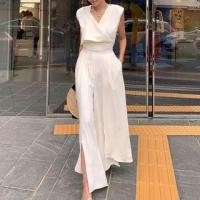 ราคา Sleeveless Asymmetrical Neck Plain Front-Slit Wide Leg Jumper Pants (1127757353)
