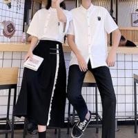 ราคา Couple Matching Short-Sleeve Plain Button-Up Blouse / Button-Up Shirt / Mid Rise Frog buttoned Midi A-Line Skirt / Straight Leg Pants / Set (1128013165)