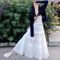 ราคา High Waist Plain Eyelet Lace Panel Tiered Midi A-Line Skirt (1128044652)