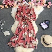 ราคา Puff-Sleeve V-Neck Floral Print Wrap Midi A-Line Dress (1128569242)