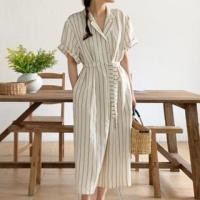 ราคา Short-Sleeve Striped Button-Up Midi Shirtdress (1128255834)