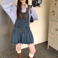 ราคา Long-Sleeve Collared Striped Shirt / Washed Pleated Belted Mini A-Line Denim Overall Dress (1128310199)