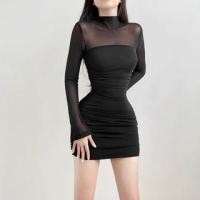 ราคา Long-Sleeve High Neck Shirred Mini Mesh Bodycon Dress (1128317145)