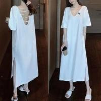 ราคา Elbow-Sleeve V-Neck Plain Backless Slit Midi A-Line T-Shirt Dress (1122857700)