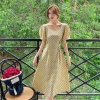 ราคา Short-Sleeve Square Neck Dotted Midi A-Line Dress (1122857471)