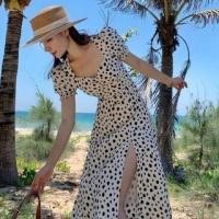 ราคา Short-Sleeve V-Neck Dotted Slit Midi A-Line Dress (1128639626)