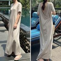ราคา Short-Sleeve Plain Open Back Midi T-Shirt Dress (1128650209)