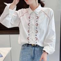 ราคา Long-Sleeve Collared Embroidered Lace Trim Button-Up Blouse White - One Size (1128358830)