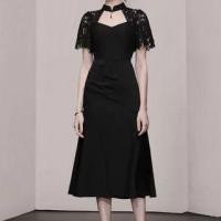 ราคา Short-Sleeve Mandarin Collar Plain Cutout Panel Lace Midi A-Line Dress (1128691647)