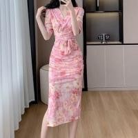 ราคา Short-Sleeve V-Neck Floral Print Ruched Slit Midi Sheath Wrap Dress (1128691672)