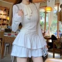 ราคา Long-Sleeve Round Neck Plain Bow Accent Lace Crop Top / High Waist Layered Mini A-Line Skirt (1128687067)