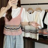 ราคา Elbow-Sleeve Crew Neck Mock Two-Piece Knit Panel Perforated Slim Fit Crop Top (1128850565)