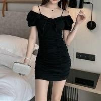 ราคา Short-Sleeve Cold Shoulder Plain Bow Ruched Mini Sheath Dress (1128857523)
