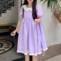 ราคา Short-Sleeve Peter Pan Collar Plaid A-Line Dress Dress - Purple - One Size (1128886811)