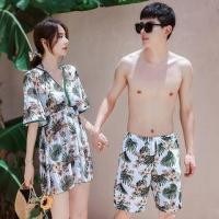 ราคา Couple Matching Leaf Print Swim Trunks / Short-Sleeve Swim Dress (1116271543)