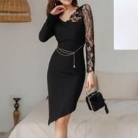 ราคา Long-Sleeve V-Neck Plain Asymmetrical Panel Lace Sheath Dress (1128920857)
