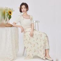ราคา Set: Short-Sleeve Asymmetrical Plain Top + High Waist Print Maxi A-Line Skirt (1128935155)